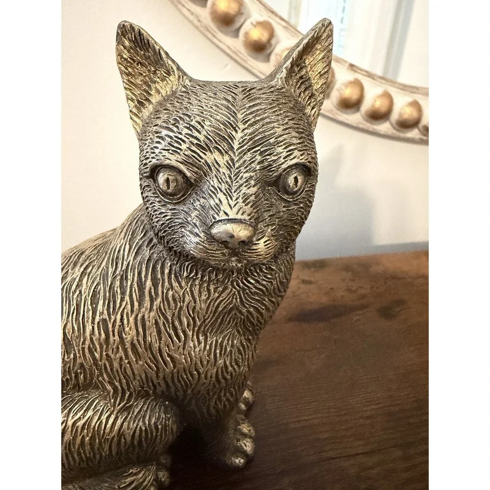 Vintage Style Gold Bronze Cat Figurine Sitting Kitty Statue Home Decor 6in